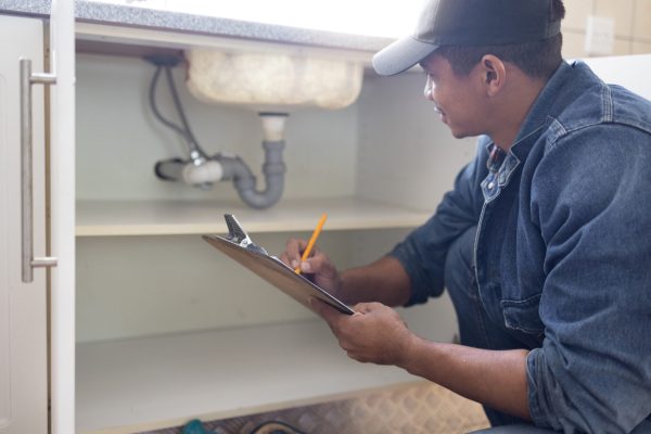Plumber, sink maintenance document and plumbing check of a handyman in a kitchen. Water pipe installation, home repair checklist and builder in a household for building construction and inspection.
