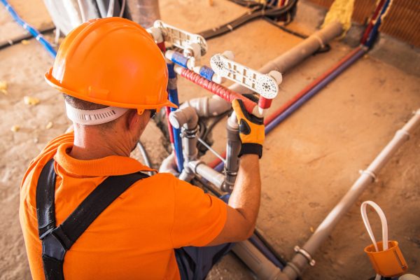 A technician in an orange hard hat and shirt is focused on installing pipes in a newly built facility. The workspace is clean and well-organized.